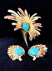 VTG Signed Numbered BOUCHER Gold Tone LILY FLOWER Pin Brooch Earrings Set 8518P