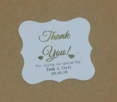 Etiquetas de regalo de boda vintage pequeñas láminas de oro blancas, Pk-30."Muchas gracias" 4x4cm. Foto 1 de 2