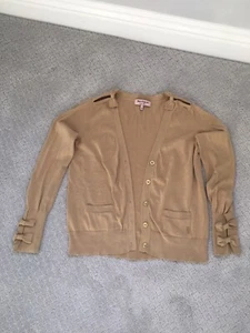 Juicy Couture 100% Cotton Tan cut out bow cardigan size Small gold buttons/logo - Picture 1 of 10