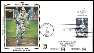 1983 Babe Ruth FDC 1983 All Star Game Comiskey Park H&M Zaso Silk Cachet - Image 1 of 2
