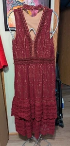 Endless Rose High Neck Burgundy Tiered Plunge Back Lace Midi Dress - Picture 1 of 9