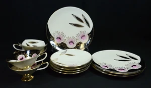 MCM Kaffee Tee 4 Tassen & Untertassen Sets mit 3 Tellern - schwarz mit Gänseblümchen EUC (ECK) - Bild 1 von 10