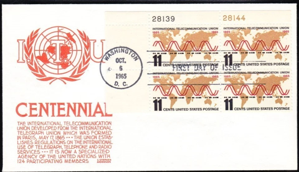 US 1965 I.T.U. Plate Block  FDC (1274) . Anderson Cachet - Image 1 of 1