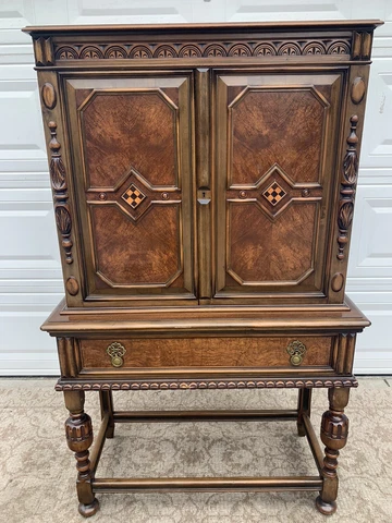 C1920 Jacobean Cupboard Oak & Burl Walnut With Marquetry Cover