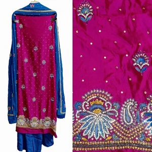 PINK PURE SILK INDIAN PAKISTANI SALWAR KAMEEZ SUIT HAND WORK MATERIAL LADIES DEN - Picture 1 of 3