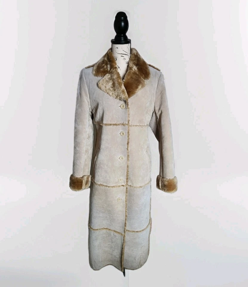 Abrigo Brandon Thomas Gamuza Cuero 52" Largo Penny Lane Imitación Piel de Oveja Abotonado S Foto 1 de 4