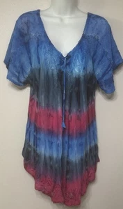 Sakkas Blouse Women’s Turquoise Tie Dye Top Short Sleeve V-Neck One Size NEW - Picture 1 of 9