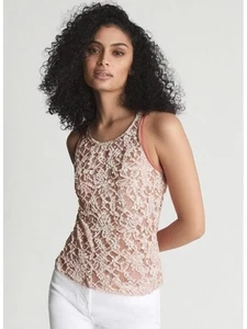 Tea N Rose Women’s White Lace Lined Pink/Coral Sleeveless Tank Top Medium - Picture 1 of 14