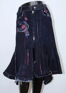 Vintage 1990s Raw Denim Embroidered Mermaid Asymmetrical Skirt M+F GIRBAUB W33 - Picture 1 of 13