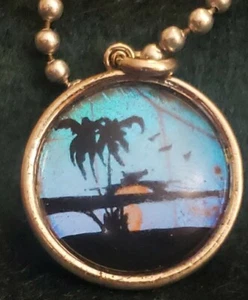  Vintage Art Deco Blue Island Holographic Butterfly Wing Pendant Necklace - Picture 1 of 3