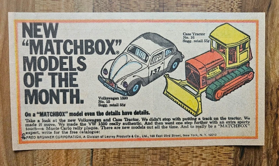 VINTAGE 1969 MATCHBOX LESNEY#15 VOLKSWAGEN BUG #16 CASE TRACTOR ADVERTISEMENT - Image 1 of 1