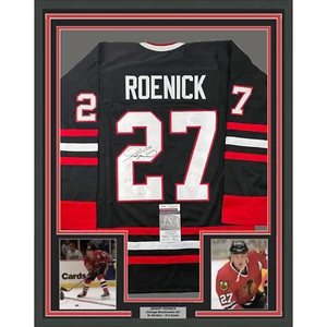 Framed Autographed/Signed Jeremy Roenick 33x42 Chicago Black Jersey JSA COA - Picture 1 of 2
