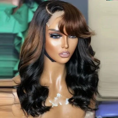 Highlight Lace Front Human Hair Wig Pre Plucked Wavy 4x4 Lace Wig With Bangs - Image 1 of 4