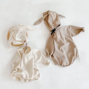 6-24 month Baby Infant Girls Long Sleeve Polkadot Rabbit Romper Bodysuit Hat Set - Picture 1 of 12