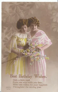 c.1910s Two Young Ladies Arm in Arm; “Best Birthday Wishes” Greetings Postcard - Picture 1 of 1