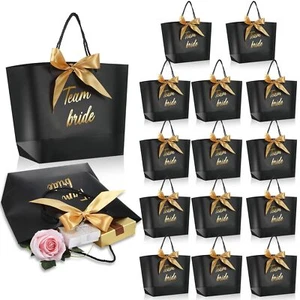 16 Pcs Team Bride Gift Bags with Bow Ribbon Black Paper for Weddings - Picture 1 of 8