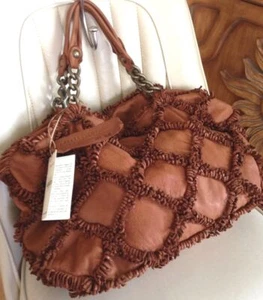 Neu mit Etikett Designer ERRELLEVENTIDUE RL22 Cognac LEDER Schultertasche Handtasche mit Fransen Italien - Bild 1 von 12