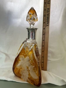 Bohemian Amber Cut to Clear Glass Sterling Silver Decanter grapes vintage - Picture 1 of 5