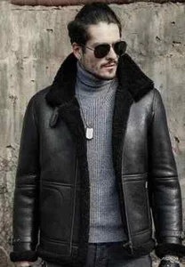 Men's Black B3 RAF Aviator Bomber Fur Shearling Real Sheepskin Leather Jacket - Picture 1 of 6