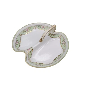 Nippon Porcelain Handle Dish Basket Handpainted Candy Dish Mint White Gold VTG - Picture 1 of 9