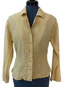 Flax Yellow Button up Collared Longsleeve Textured Linen Top Coastal Preppy P - Picture 1 of 11