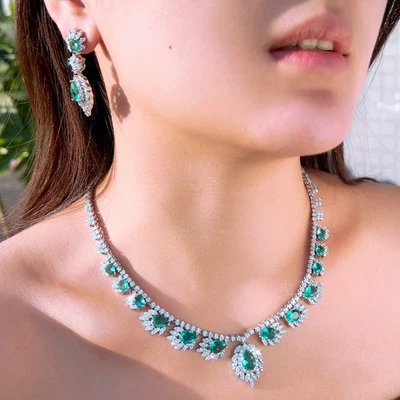 Green Teardrop Zircon Crystal Silver Plated Necklace Earrings Bridal Jewelry Set - Изображение 1 из 4