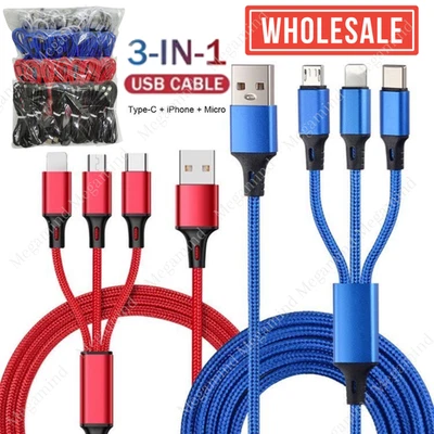 3 in 1 Fast Charging Cable Cell Phone Charger Cord For iPhone Type C Micro Lot - Image 1 of 4