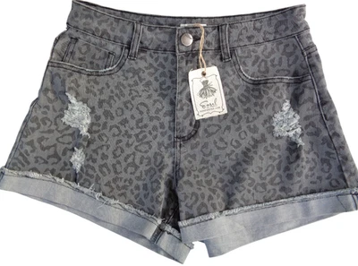 Pantalones Cortos de Jean Caballete Negro Leopardo Estampado Animal Envejecido Elastizados Puños M Foto 1 de 3