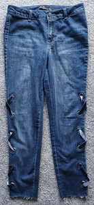 One 5 One Ribbon Corset Leg Raw Hem Mid Rise Dark Wash Denim Jeans Size 6 - Picture 1 of 19