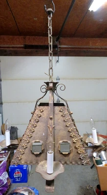 ANTIQUE HEAVY SPANISH REVIVAL PYRAMID CHANDELIER LIGHT FIXTURE (overhead) - Image 1 of 4