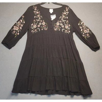Francescas Blue Rain Black Embroidered Mini Dress Size Medium Boho Tiered Flowy - Image 1 of 3