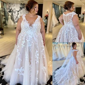 Beach Wedding Dresses Lace Applique V-Neck Plus Size Sleeveless Bridal Gown - Picture 1 of 11