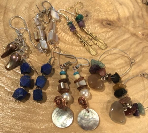 Lot 6 GENUINE NATURAL Handmade AMBER Pearl Lapis Beaded Feather Copper EARRINGS - Picture 1 of 9