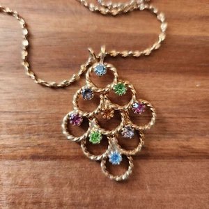 Vintage Rhinestone Necklace Colorful Goldtone 19" Chain Openwork Pendant - Picture 1 of 7
