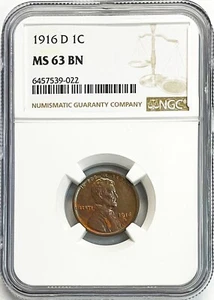 1916 D US LINCOLN WHEAT CENT 1C COIN NGC MINT STATE 63 BROWN - Picture 1 of 2
