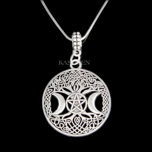 Triple Moon Goddess Necklace Celtic Tree of Life Knot Irish Wicca Paganism Charm - Picture 1 of 7
