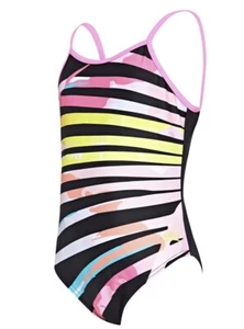 Zoggs Girls Palms U Scoop Back Swimsuit Age 11-12 Black Pink - Picture 1 of 2