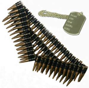 Bullet Belt & Dog Tag Army Soldier 80s 90s Mexican Fancy Dress Outfit Costume - Picture 1 of 1