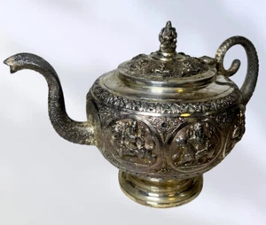 ANTIQUE VINTAGE .900 PURE SILVER INDIAN COBRA FIGURAL TEA KETTLE 581 Grams - Picture 1 of 16