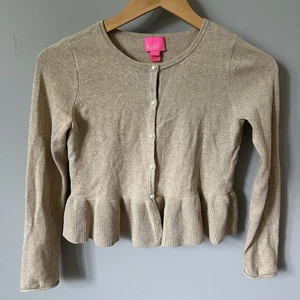 Lilly Pulitzer Mädchen Gold Strickjacke Pullover XL (12-14) Perlenknöpfe Schößchensaum - Bild 1 von 3
