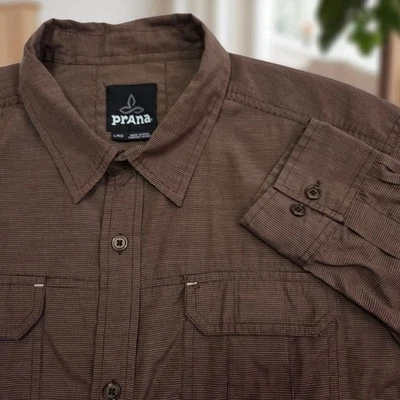 PrAna Button Front Lightweight Roll Tab Sleeve Pocket Brown Shirt Men's L - Image 1 of 4