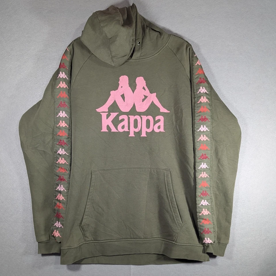 Kappa Hoodie Mens 2XL Olive Pink Logo Pullover Sweatshirt Tape Sleeve Y2K - Image 1 of 4