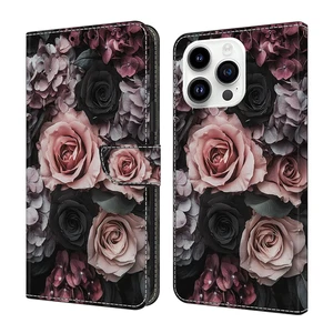 For Various Phone Painted Luxury Flower Card Wallet Case Bag Flip Stand Cover - Picture 1 of 9