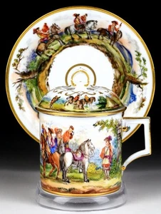 Rare Antique Meissen Showpiece Cabinet Cup Saucer Lid Hunting Fully Painted - Picture 1 of 10