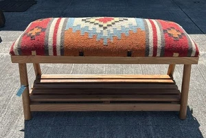 Beautiful Contemporary Kilim Kelem Flat Weave Upholstered Bench Seat With Rack - Picture 1 of 13