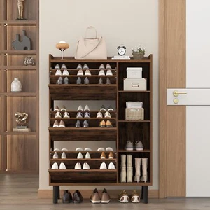 Hidden Shoe Cabinet w/ 3 Flip Drawers, Shoe Rack Storage Organizer, 4 Shelves - Picture 1 of 6