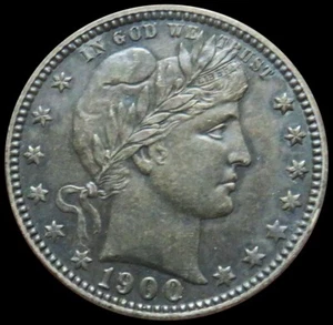 1900 COUNTERSTAMPED 1875 SILVER USA BARBER QUARTER 25C AU TONE COIN - Picture 1 of 2