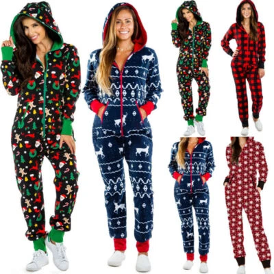 Weihnachten Einteiler Jumpsuit Gedruckt Romper Mit Kapuze Warm Loungewear Damen. - Bild 1 von 4