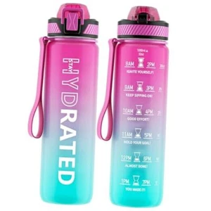 Water Bottle with Straw, 32oz Motivational Water 33.8 Ounces Purple Green - Picture 1 of 7