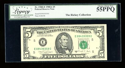 DBR 1988-A $5 Richmond Fr. 1980-E Legacy 55 PPQ Serial E09439359C - Image 1 of 2